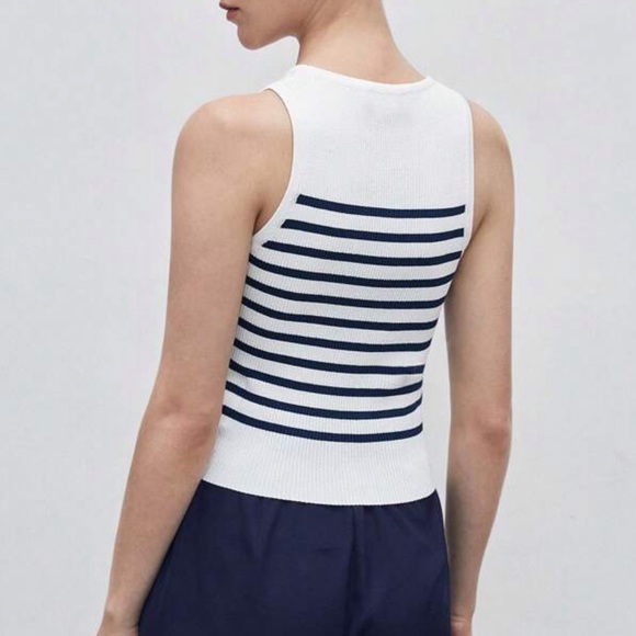White & navy blue ribbed striped stretchy top - Picture 4 of 7